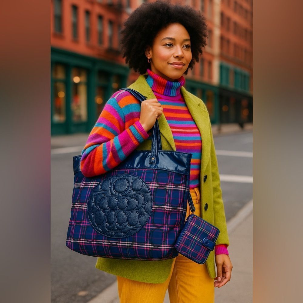 Coach Poppy Tartan Plaid Tote & Wallet Set Blue Multi Patent Leather Trim